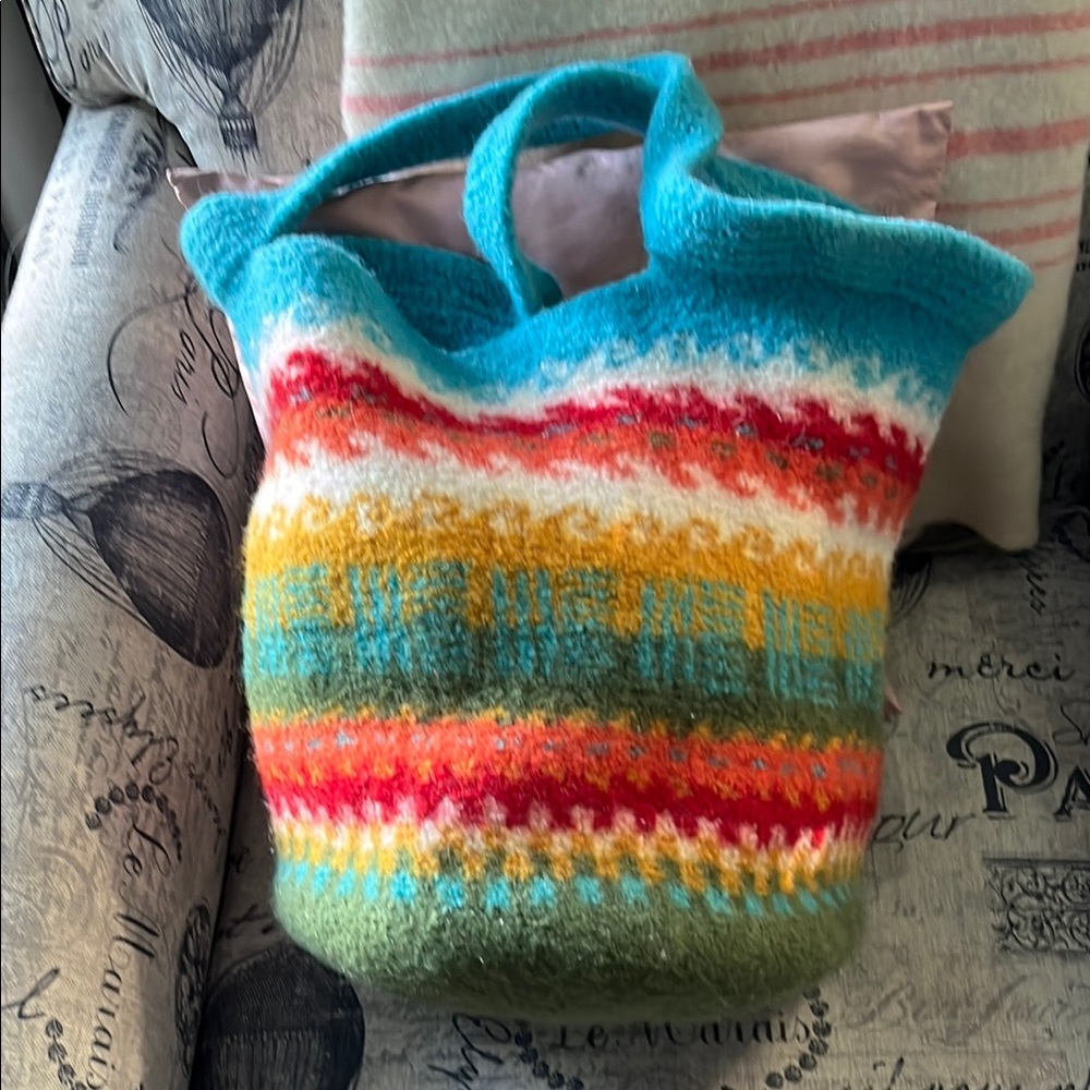 Multicolor Felted Wool Tote Bag with Turquoise Handles